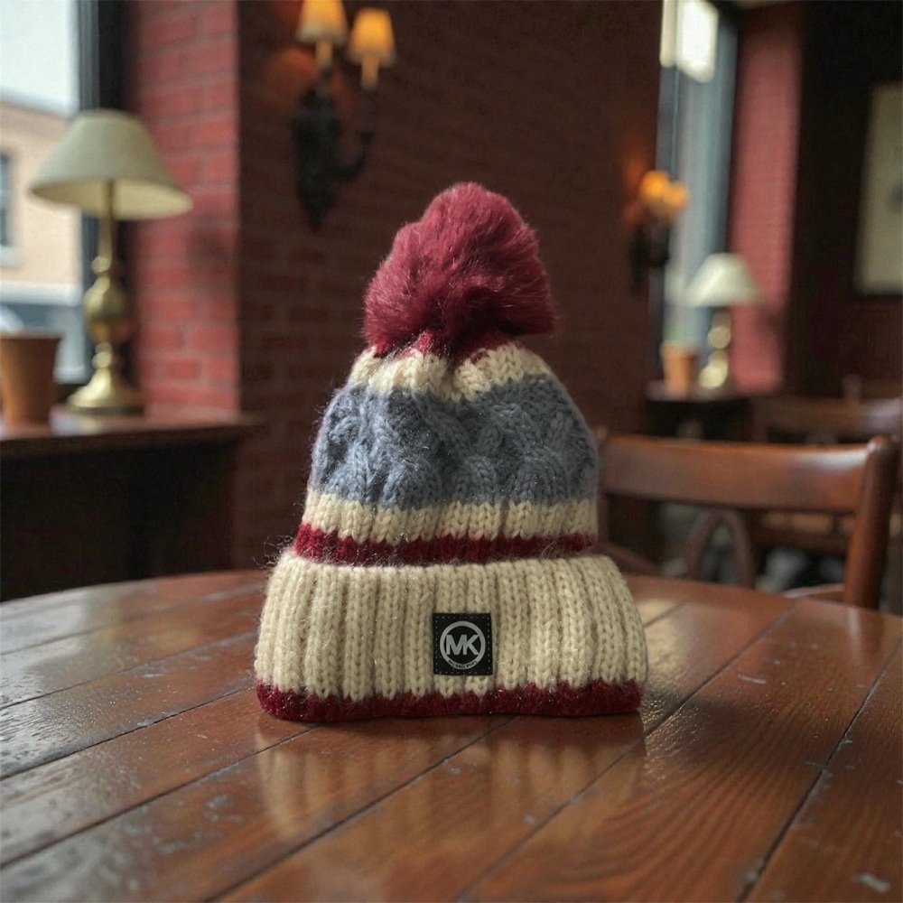 Michael Kors Beanie with Pom-Pom - Burgundy, Gray, and Cream